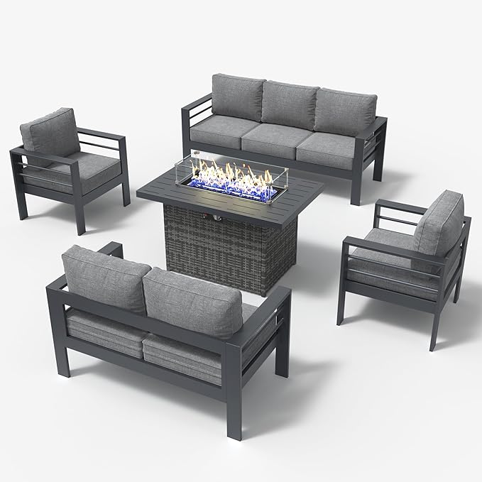 LayinSun Aluminum Furniture Set with Fire Pit Table, 5 Pieces Patio Sectional Conversation Chat Sofa Modern Seating Set