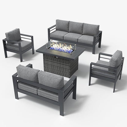 LayinSun Aluminum Furniture Set with Fire Pit Table, 5 Pieces Patio Sectional Conversation Chat Sofa Modern Seating Set