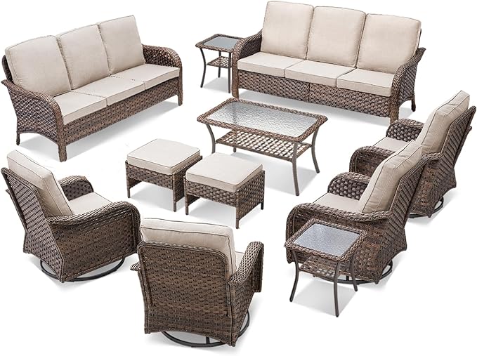 11 Pieces Patio Furniture Set, Outdoor Wicker Sofa with Swivel Patio Chairs, Ottomans, Coffee Table, All Weather High Back Rattan Loveseat Couch with Comfy Cushions, Brown/Beige