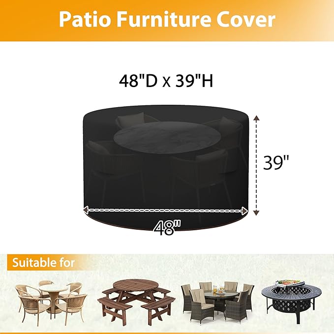 HDCAXKJ Round Patio Table Cover Waterproof Outdoor Dining Table and Chair Set Cover Heavy Duty Round Protector with Zipper Anti-Fading Cover for Outdoor Furniture (Black, 48"DIA x 39"H)