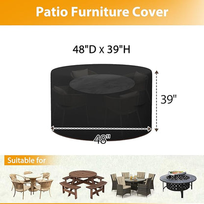 HDCAXKJ Round Patio Table Cover Waterproof Outdoor Dining Table and Chair Set Cover Heavy Duty Round Protector with Zipper Anti-Fading Cover for Outdoor Furniture (Black, 48"DIA x 39"H)