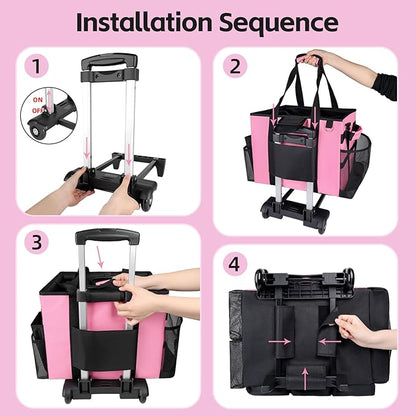 Large Rolling Cleaning Caddy Bag with Wheels, with Detachable Trolley, Cleaning Bags on Wheels for Housekeepers, Cleaning Cart Supplies Organizer for Home, Car, Picnic (Pink)