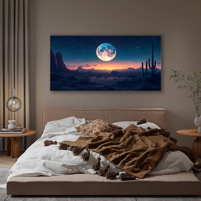 JLXART Moon Desert Night Western Wall Decor Boho Cactus Canvas Prints Nature Paintings Modern Mountain Poster Pictures For Living Room 20X40inch