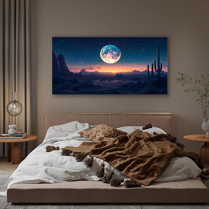JLXART Moon Desert Night Western Wall Decor Boho Cactus Canvas Prints Nature Paintings Modern Mountain Poster Pictures For Living Room 20X40inch