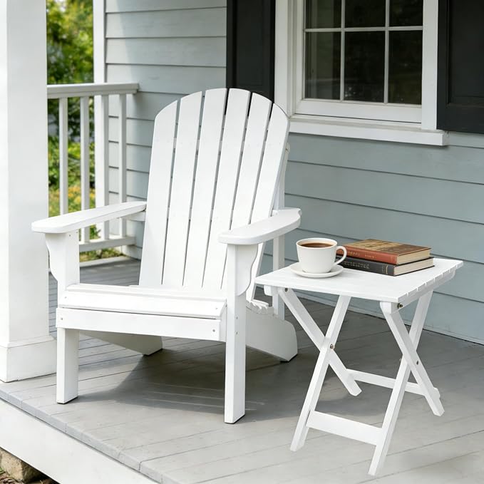 Outdoor Wooden Side Table, Folding Patio End Table Set of 2, Small Square Furniture Table for Adirondack Chair, Balcony, Porch, No Assembly, White