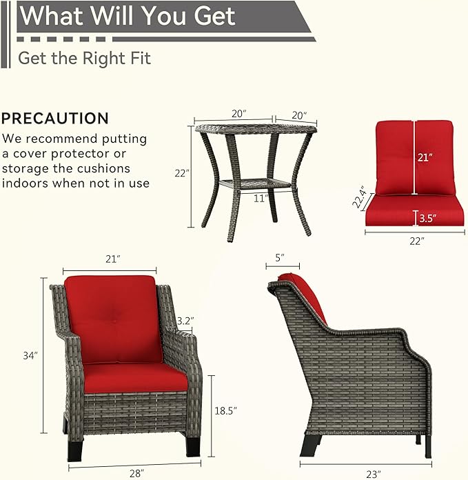 Patio Furniture Set 3 Pieces-Patio Chairs Set of 2 and A Side Table with Thick Cushions and All-Weather PE Wicker for Garden, Patio and Porch, Red