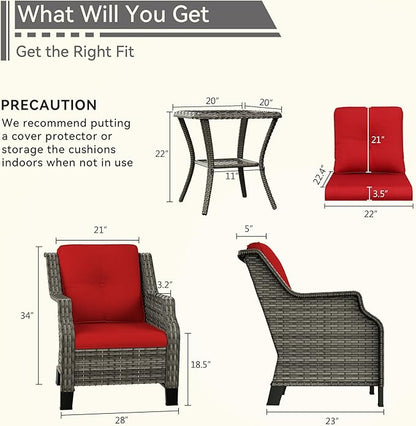 Patio Furniture Set 3 Pieces-Patio Chairs Set of 2 and A Side Table with Thick Cushions and All-Weather PE Wicker for Garden, Patio and Porch, Red