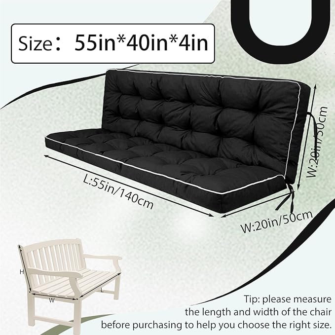 2/3 Seater Swing Replacement Cushion, Waterproof Porch Swing Cushions with Backrest, Thickened Bench Cushions for Outdoor Furniture, for Outdoor Patio Swing (Black, 55 * 40in)