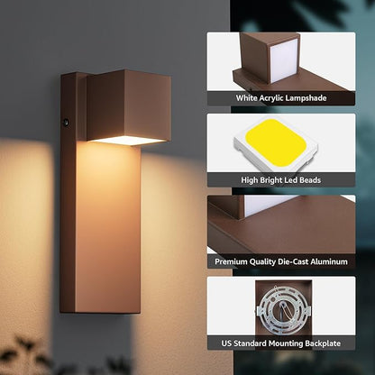 2 Pack 13" Modern Outdoor Led Wall Light,16W 3000K 1200Lumen Porch & Patio Hardwired Wall Mount Wall Sconces,Exterior IP65 Waterproof Aluminum Wall Lamp for Front Door Garage Garden(Rust)