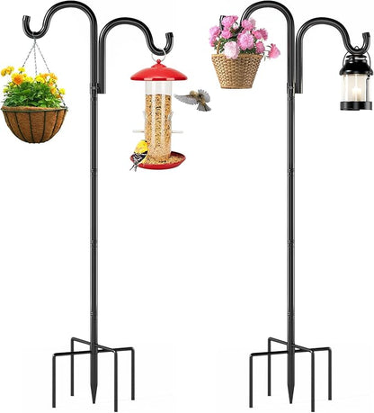 Double Shepherds Hooks for Outdoor, 60" Heavy Duty Bird Feeder Pole with 5 Prong Base, Adjustable Shepherds Hook for Bird feeders Outside, Garden, Weddings, Hanging Plants, 2 Pack, Black