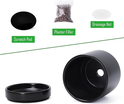 D'vine Dev Set of 2 Plants Pot, 4.7 Inch Ceramic Planter Pot for Plants with Drainage Hole and Saucer, Black, 94-V-B-2