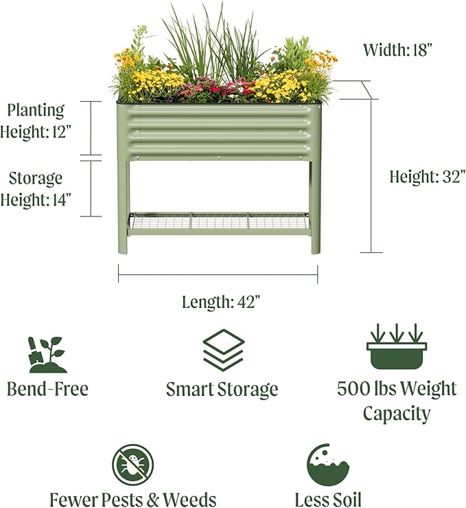 Elevated Raised Garden Bed- Slim Series, 1.5' x 3.5' Outdoor Planters Boxes with Legs & Storage Rack for Patio, 500 Lbs Weight Capacity, Raised Beds for Gardening Herbs Vegetables Flowers, Olive Green