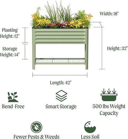 Elevated Raised Garden Bed- Slim Series, 1.5' x 3.5' Outdoor Planters Boxes with Legs & Storage Rack for Patio, 500 Lbs Weight Capacity, Raised Beds for Gardening Herbs Vegetables Flowers, Olive Green