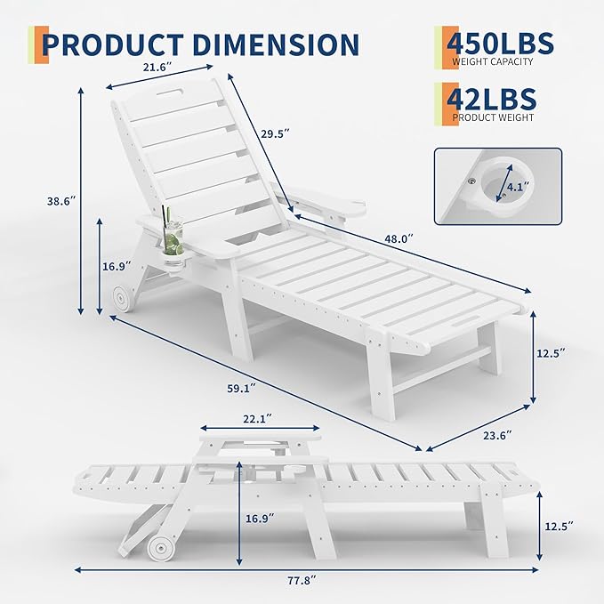 PeakPursuit Patio HDPE Chaise Lounge with Rolling Wheels, Oversize 5-Position Lounge Chair with Cup Holder, Resin Pool Lounger Chair for Outside