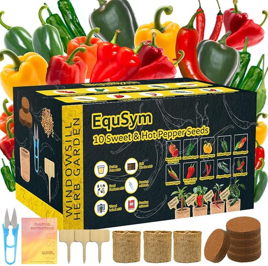 10 Pepper Seeds Window Garden Kit - Hot & Sweet Peppers Seeds for Indoor & Outdoor Planting, Gardening Gift for Kids, Moms, Women, Beginners, Complete Starter Kit Vegetable Garden Starter