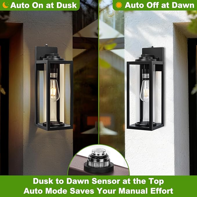 20inch Dusk to Dawn Outdoor Wall Light Fixtures - 2 Packs Large Exterior Waterproof Lighting, Modern Porch Sconces Wall Mounted Lighting, Industrial Black Outside Lantern for Front Door