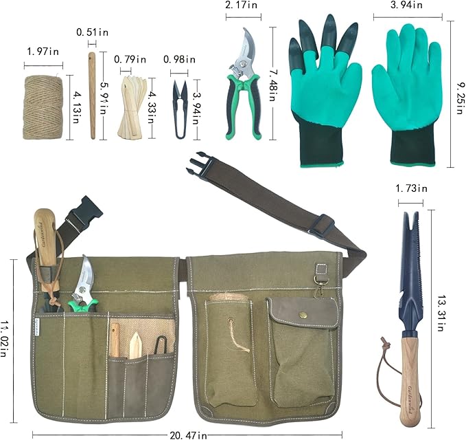 Gardenwind 14Pcs Gardening Tools for Men Gardening Hand Tools with Weeder, Scale, Sawtooth, Cut Rope, Waist Bag,Heavy Duty