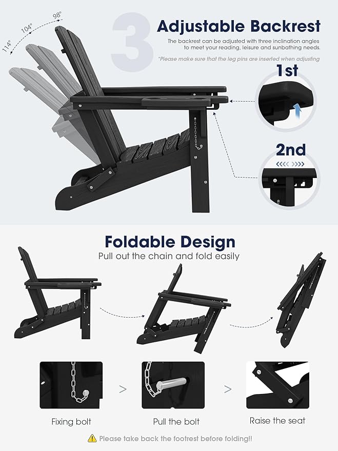 KINGYES Adjustable Folding Adirondack Chair with Footrest & 4-in-1 Multi-Functional Armrest Organizer Set of 2, HDPE Foldable Reclining Adirondack Chair with Pull-Out Ottoman, Black