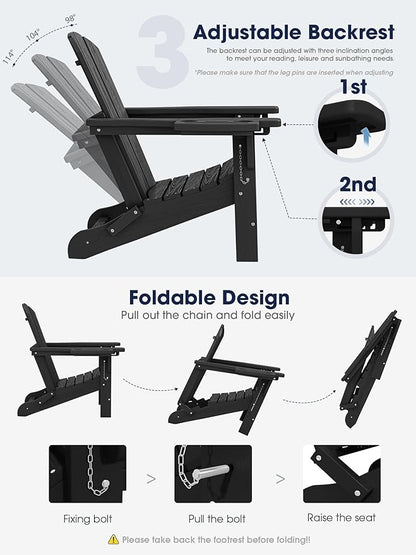 KINGYES Adjustable Folding Adirondack Chair with Footrest & 4-in-1 Multi-Functional Armrest Organizer Set of 2, HDPE Foldable Reclining Adirondack Chair with Pull-Out Ottoman, Black
