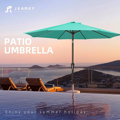 JEAREY 9FT Outdoor Patio Umbrella Outdoor Table Umbrella with Push Button Tilt and Crank, Market Umbrella 8 Sturdy Ribs UV Protection Waterproof for Garden, Deck, Backyard, Pool (Bright Teal)