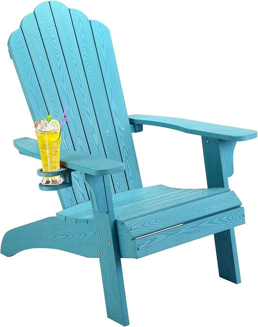 hOmeHua Oversized Adirondack Chair, HIPS Adirondack Chairs Weather Resistant with Cup Holder, Plastic Outdoor Chair for Patio, Backyard Deck, Fire Pit Lawn Porch (Lake Blue)