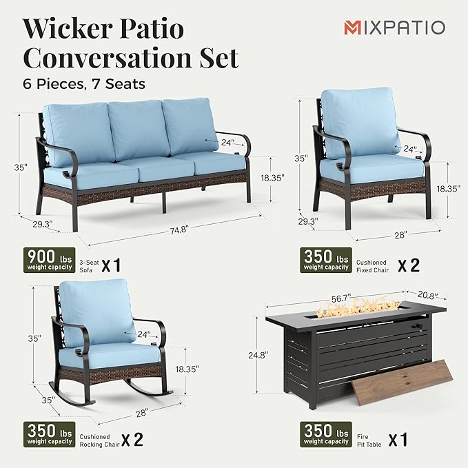 Patio Furniture Set with Firepit Table, Black Frame Outdoor Conversation Set with 2 x Fixed Chairs, 2 x Rocking Chairs, 1 x 3-Seat Sofa for Lawn Garden Backyard, Blue