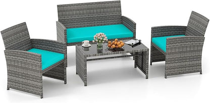 Tangkula 4 Piece Patio Wicker Furniture Set, Outdoor Heavy Duty Rattan Cushioned Chairs, Loveseat and Tempered Glass Coffee Table, for Backyard, Balcony, Poolside