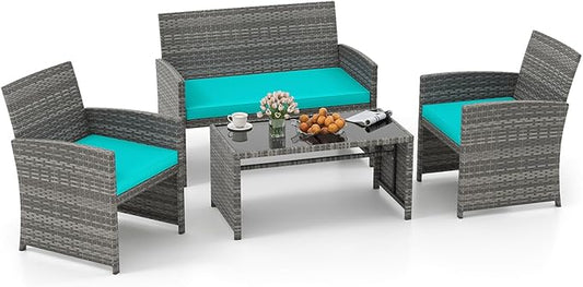 Tangkula 4 Piece Patio Wicker Furniture Set, Outdoor Heavy Duty Rattan Cushioned Chairs, Loveseat and Tempered Glass Coffee Table, for Backyard, Balcony, Poolside