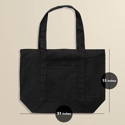 Carrywell (Not Made In China) Black Canvas Tote Bags with Zipper 3-Pack, 15"x 21", Heavy Duty Organic Cotton With Handles and Front Pocket, Reusable Shopping Totes