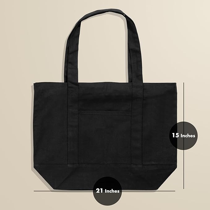 Carrywell (Not Made In China) Black Canvas Tote Bags with Zipper, 15"x 21", Heavy Duty Organic Cotton With Handles and Front Pocket, Reusable Shopping Totes