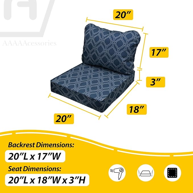 AAAAAcessories Outdoor Seat Cushions for Chairs, Fade-Resistant, Waterproof Patio Furniture Replacement Cushions, 20" x 18" x 3" + 20" x 17", Slate Blue Vine Trellis