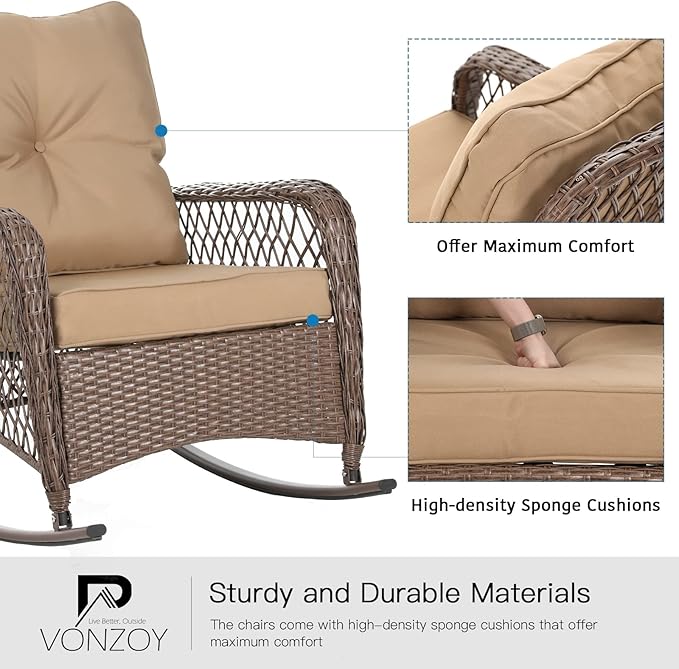 Patio Furniture Set 3 Pieces, Wicker Rocking Bistro Set with Thick Cushions, Outdoor Rocker Chairs and Coffee Table for Porch, Backyard or Garden (Khaki)