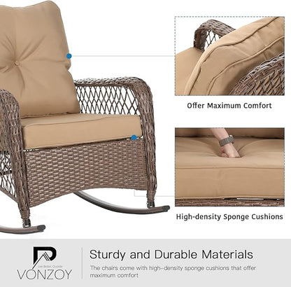 Patio Furniture Set 3 Pieces, Wicker Rocking Bistro Set with Thick Cushions, Outdoor Rocker Chairs and Coffee Table for Porch, Backyard or Garden (Khaki)