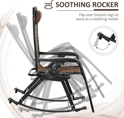 Outsunny Set of 2 Outdoor Rocking Chairs, Foldable Reclining Zero Gravity Lounge Rocker with Pillow, Cup & Phone Holder, Combo Design with Folding Legs, Brown