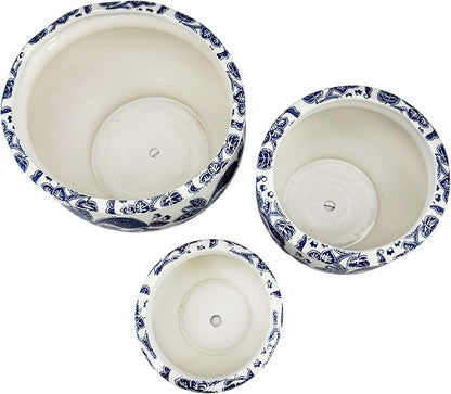 Galt International Floral Blue & White Round Porcelain Ceramic Plant Flower Planter Pot Set of 3 (8", 10", 12") Garden Pots Chinese Asian Design