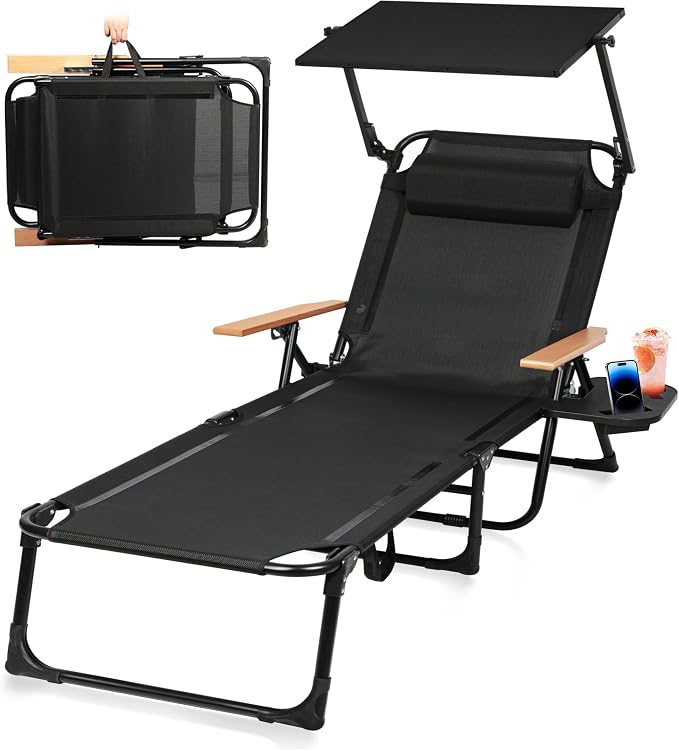 Beach Lounge Chairs with Armrests, 4-Position Folding Lounge Chairs for Outside, Sunbathing Portable Lounge Chaise, Tanning Chair Pillow & Cup Holder, for Outside Beach Pool (Black.)