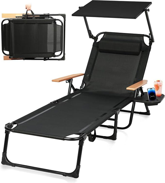 Beach Lounge Chairs with Armrests, 4-Position Folding Lounge Chairs for Outside, Sunbathing Portable Lounge Chaise, Tanning Chair Pillow & Cup Holder, for Outside Beach Pool (Black.)