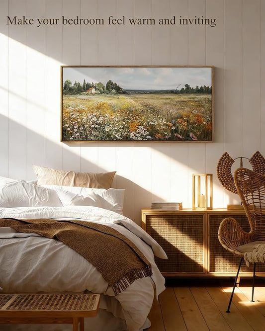 InSimSea Extra Large Framed Vintage Wall Art, Living Room Country Farmhouse Decor, Wildflower Meadow Landscape Canvas Prints, Retro Cottage Long Pictures for Bedroom Above of Bed, 20x40inch
