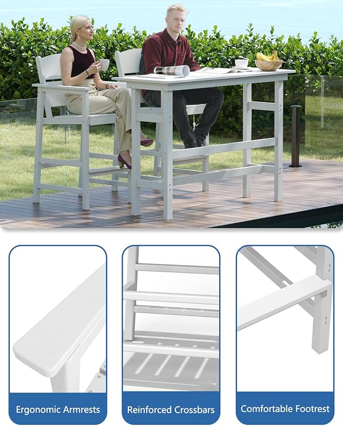 FOOWIN 3 Piece Outdoor Bar Height Table and Chairs, All Weather HDPE Patio Bar Set Outdoor Bistro Set,Adirondack Bar Chairs Set of 2 Outdoor Furniture for Bistro, Poolside, Backyard White