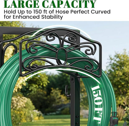 Sunvigor Freestanding Garden Hose Holder Stand, Heavy Duty Hose Reel Alternative with 2 Tool Hooks, Holds 150FT Water Hose, 4-Spike Stable Base, No-Drill Hose Storage for Outside Yard Lawn Garden
