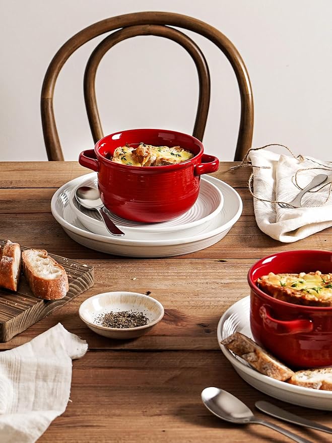 LE TAUCI Soup Bowls with Handles - 28 oz Lead-Free Ceramic French Onion Crocks, Oven and Microwave Safe, Heat-Resistant Design, Stackable, Dishwasher Safe, Set of 4, Red