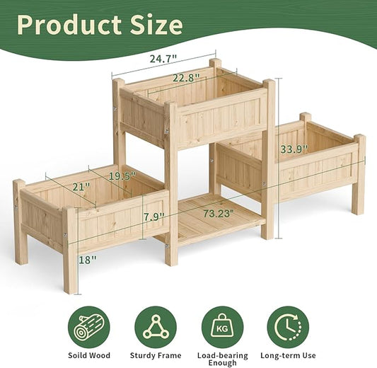 Extra Large Wooden Raised Garden Bed with Legs & Storage Shelf 3 Tier Outdoor Elevated Planter Box for Patios/Herbs/Flowers/Vegetables, Easy Assembly, Natural