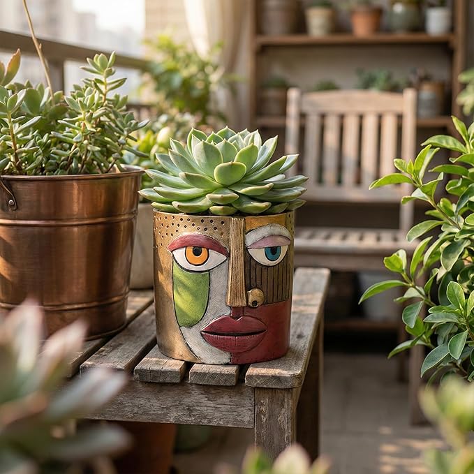 Colorful Face Planters Pots Head with Drainage Resin Large Decorative Plant Pots, Unique Planters for Indoor Plants and Outdoor Patio Flower Pot Funny Garden Succulents Pot