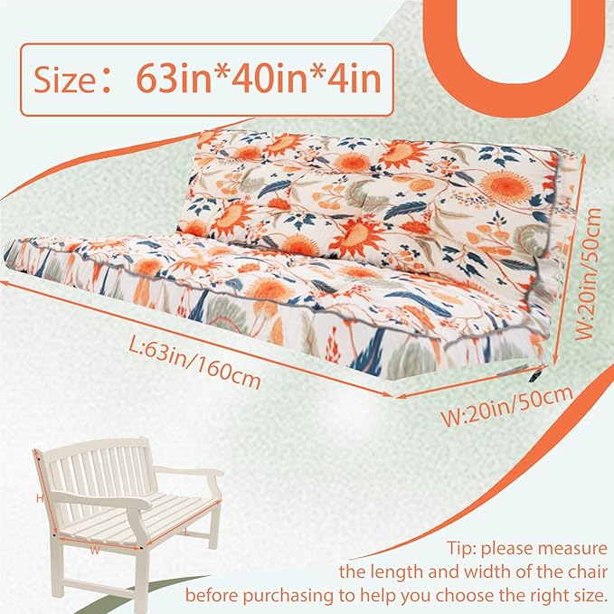 2/3 Seater Swing Replacement Cushion, Waterproof Porch Swing Cushions with Backrest, Thickened Bench Cushions for Outdoor Furniture, for Outdoor Patio Swing (Spring Warmth, 63 * 40in)