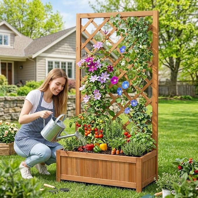 Wooden Raised Garden Bed with Trellis, 47" Outdoor Planter Box for Climbing Plants, Vertical Warm Brown Garden Planter for Vegetables, Flowers & Vines, Lattice Plant Support for Patio Yard Balcony