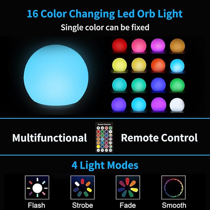 LED Ball Light,6-Inch Cordless Orb Light with Remote,16 Color Changing Night Light for Kids,Rechargeable Mood Lamp,IP68 Waterproof for Home,Party,Pool,Christmas Decor
