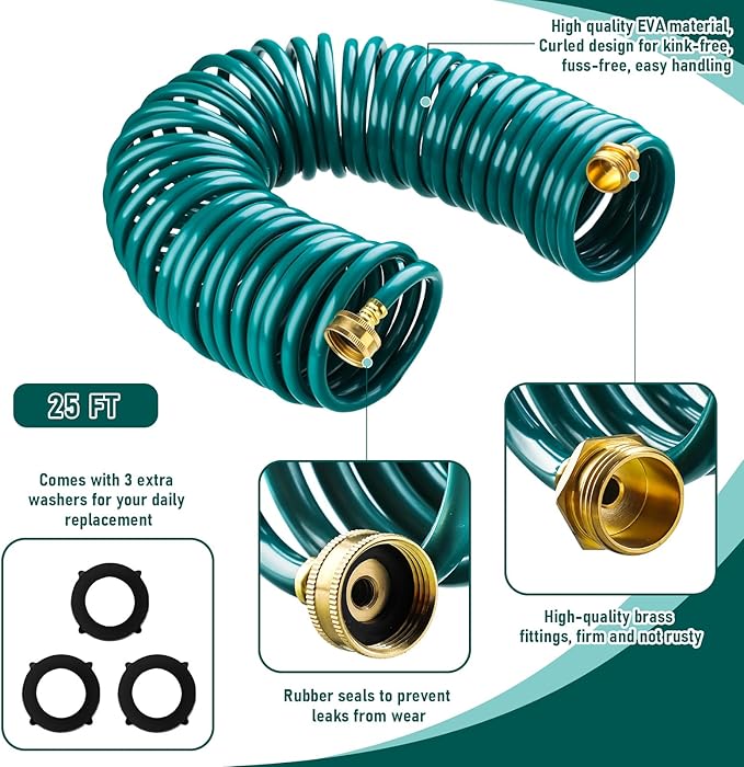 Pangda 25 Ft x 3/8'' Coil Garden Hose EVA Recoil Garden Self Coiling Expanding Water Hose with 6 Function Spray Nozzle Universal 3/4'' Brass Connector Fitting for Outdoor Yard(Green)