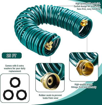 Pangda 25 Ft x 3/8'' Coil Garden Hose EVA Recoil Garden Self Coiling Expanding Water Hose with 6 Function Spray Nozzle Universal 3/4'' Brass Connector Fitting for Outdoor Yard(Green)