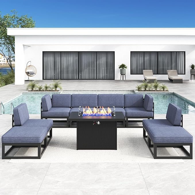 LayinSun Large Aluminum Patio Furniture Set with Fire Pit Table, 9 Pieces Modern Outdoor Conversation Set Sectional Metal Sofa Set with Olefin Cushion