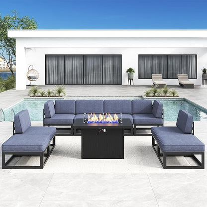 LayinSun Large Aluminum Patio Furniture Set with Fire Pit Table, 9 Pieces Modern Outdoor Conversation Set Sectional Metal Sofa Set with Olefin Cushion